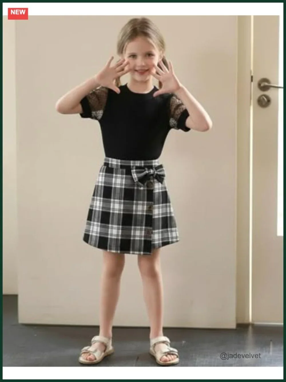 Skirt Sets Puff Sleeves T-shirt and Plaid Skirts 2 Piece Outfit Short Sleeve